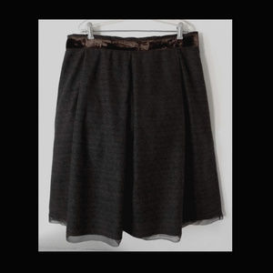 Elie Tahari tweed skirt 14 Brown Wool bl Full Chiffon trim Velvet waist Lined